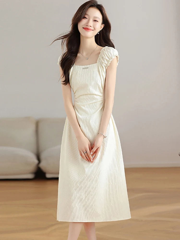 

2025 White Jacquard Puff Sleeve Square Collar Midi Dress Women Elegant Casual Holiday Dresses Summer Korean Chic One Piece Dress