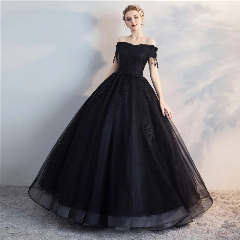 New Evening Dress 2024 Black One Shoulder Fluffy Skirt, Host\'s Evening Performance Long Princess Skirt, Wedding Dress