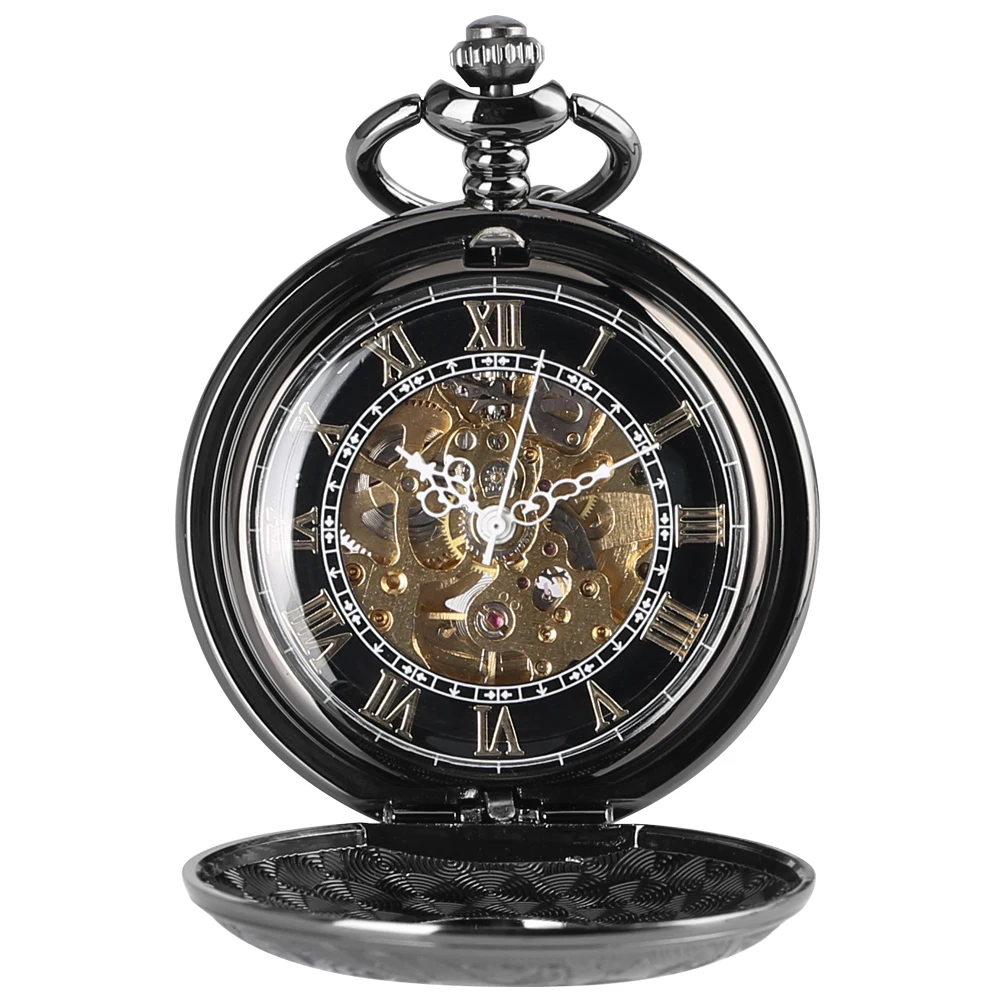 Black Automatic Mechanical Pocket Watch Classic Vintage Roman Numerals Display Fob Chain Pendant Clock Self Winding Timepiece