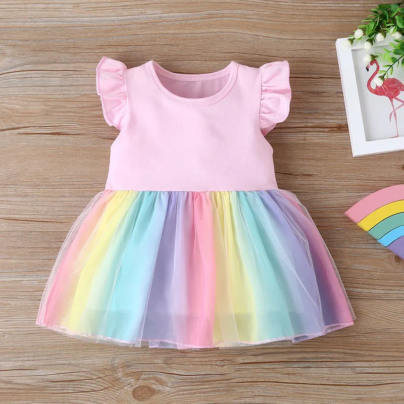 Summer Girls\' Rainbow Dress 0-4Y Cute Children\'s Mesh Patchwork Princess Dress Kid\'s Clothes Baby Flying Sleeve Fluffy Skirt