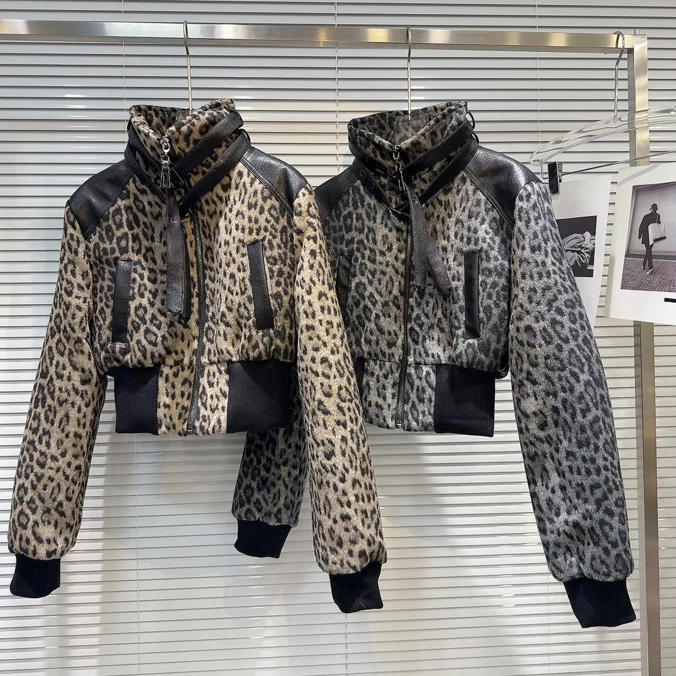 

Крутая шерстяная куртка женская уличная зимняя верхняя одежда в стиле пэчворк с кожаным воротником-стойкой Fem пальто