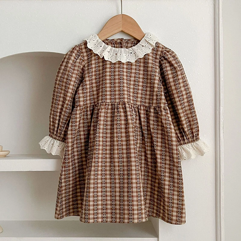 Vestido de grade de manga comprida para bebês, macacão infantil, roupas infantis, irmãs doces, princesa, primavera, outono