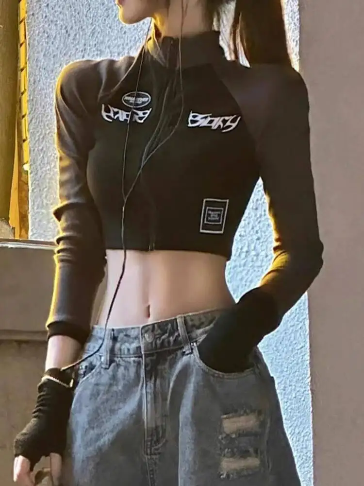 

Women Crop Top 2025 New Jazz Dance Crop Outerwear T-shirt Women's Y2K Biker Style Short Sleeve Sporty Cardigan Jacket