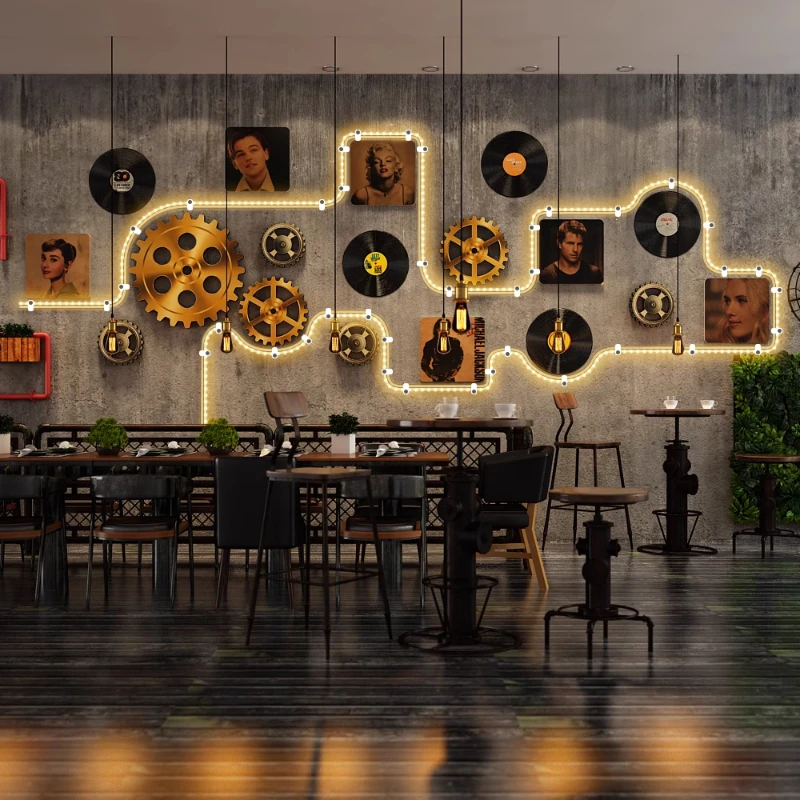 

Retro Industrial Lighted Wall Art, Creative Gear & Record Combination, Bar or Pub Wall Decor, Unique Wall Decoration for Lounge