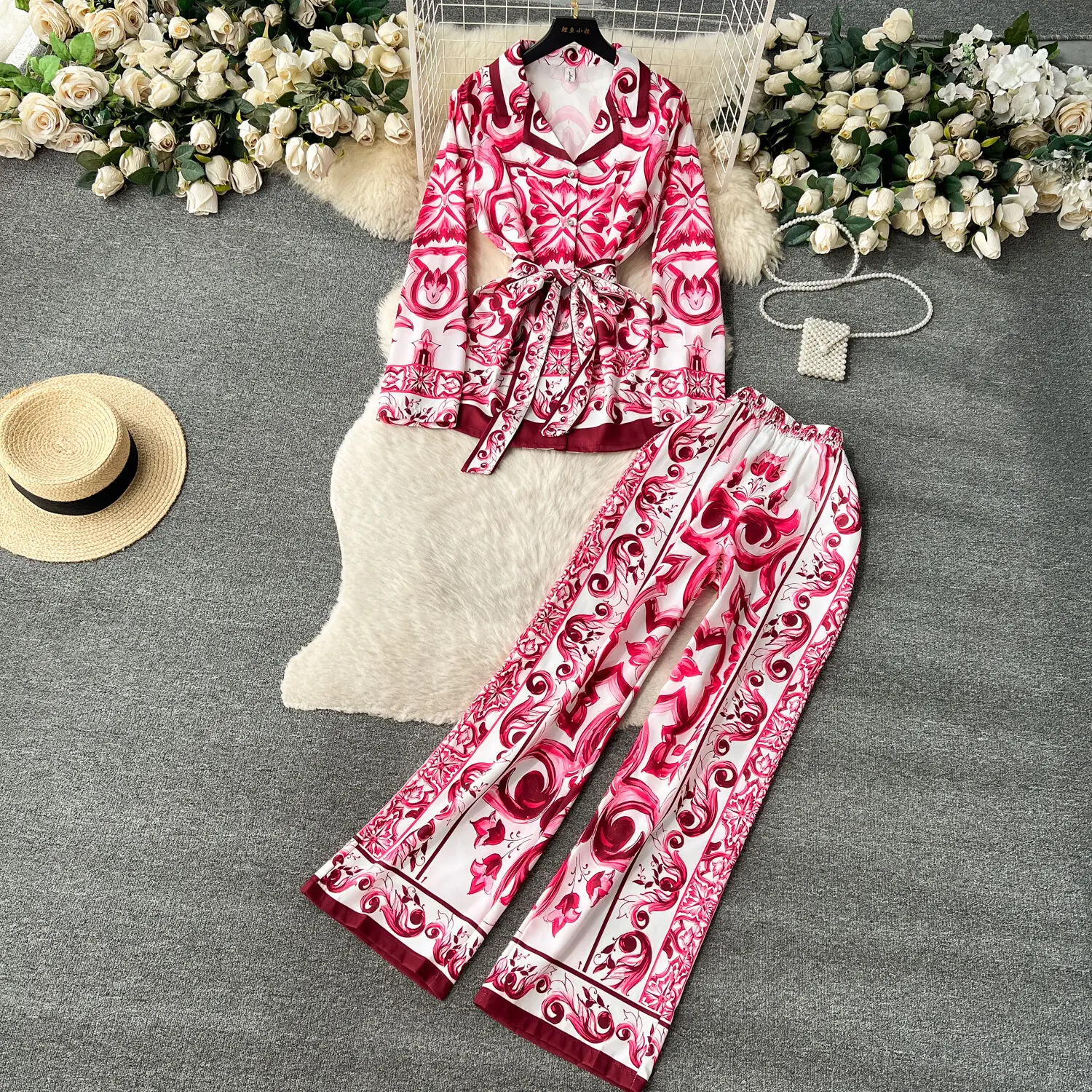 JAMERARY quality Two-piece Set For Women Notched Collar Red Blue White Porcelain Print Jackets Top + Floral Wide Leg Pants Suits