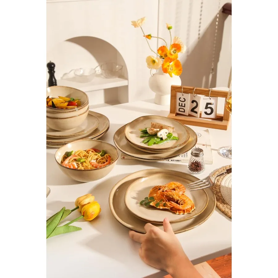 Decosignature Modern 12Piece Ceramic Dinnerware Set for 4 Microwave Dishwasher and Oven Safe Kitchen Plates and Bowls Stackable