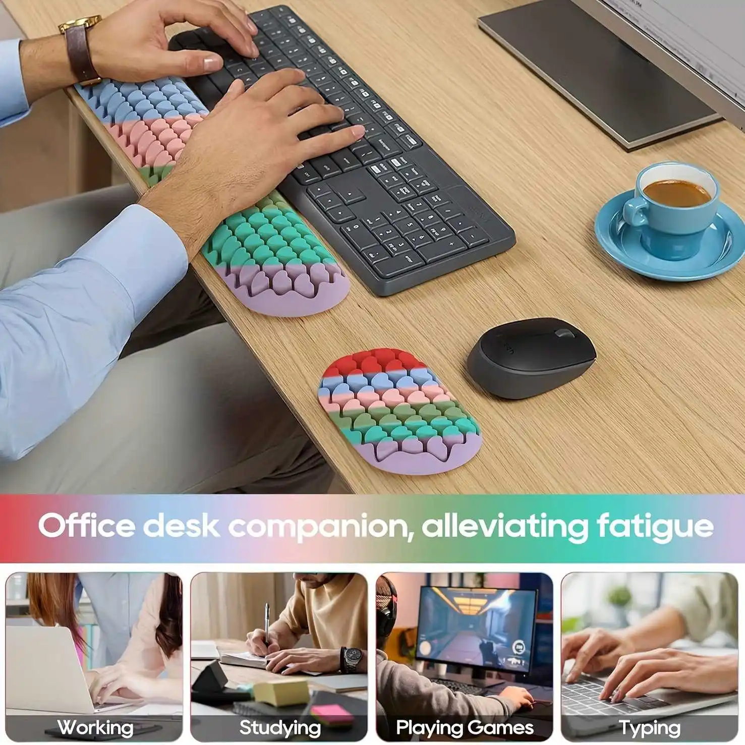 Silikon-Tastatur-Handballenauflage in Herzform, 3 Farben, ergonomische rutschfeste Schreibtischunterlage für Büro und Gaming – Detail 7