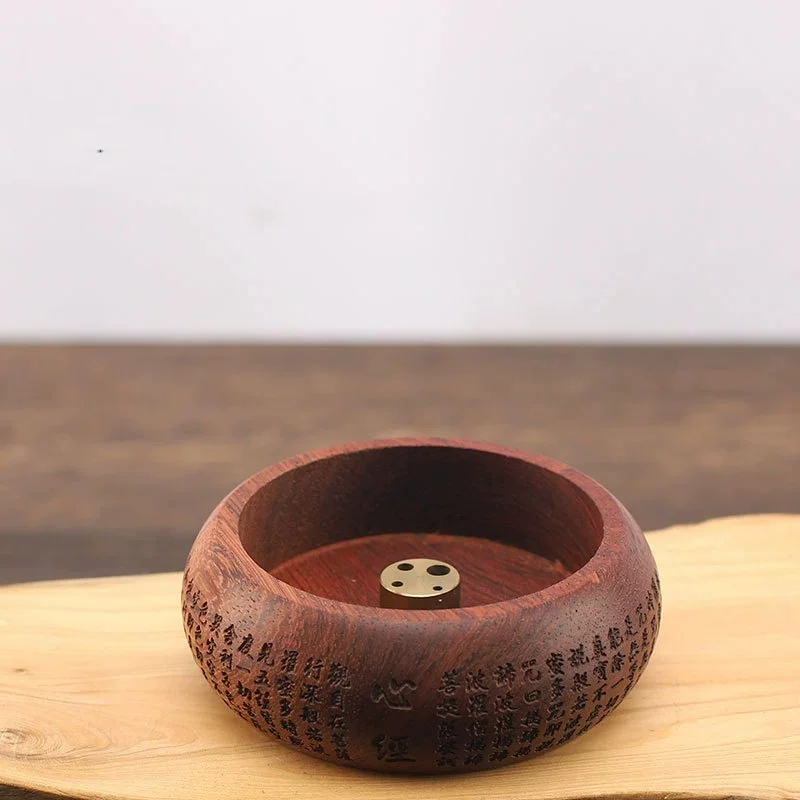 Zazen Practitioner Exclusive Mini Solid Wood Incense Holder with Heart Sutra Engraving Round 4-Hole Indoor Burner