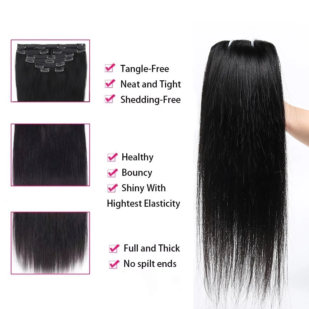Raw Unprocessed 100g/Set Seamless Clips in #1B Natural Color Human Hair Extensions Long PU Weft Invisible Straight Hair