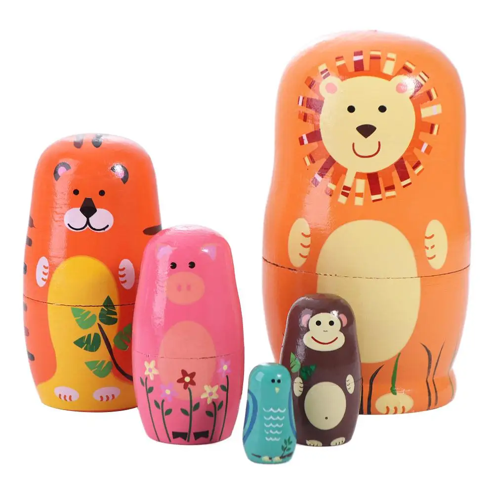 Xmas Festival Gift Wooden Nesting Handmade Animals Pattern Matryoshka Cartoon 5 Layer Stacking Chidrens Gift