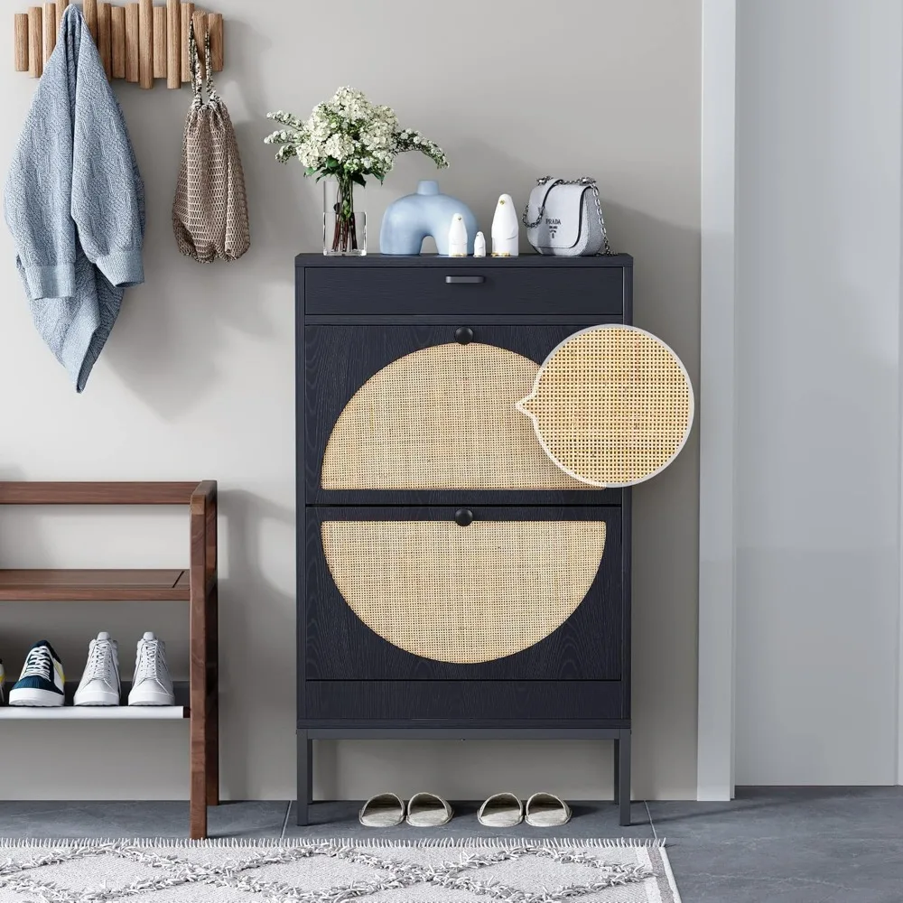 Shoe Rack Storage Organizer with 2 Natural Semi-Circular Rattan Doors, Entryway Wooden Shoe Cabinet for Sneakers, Leather Shoes