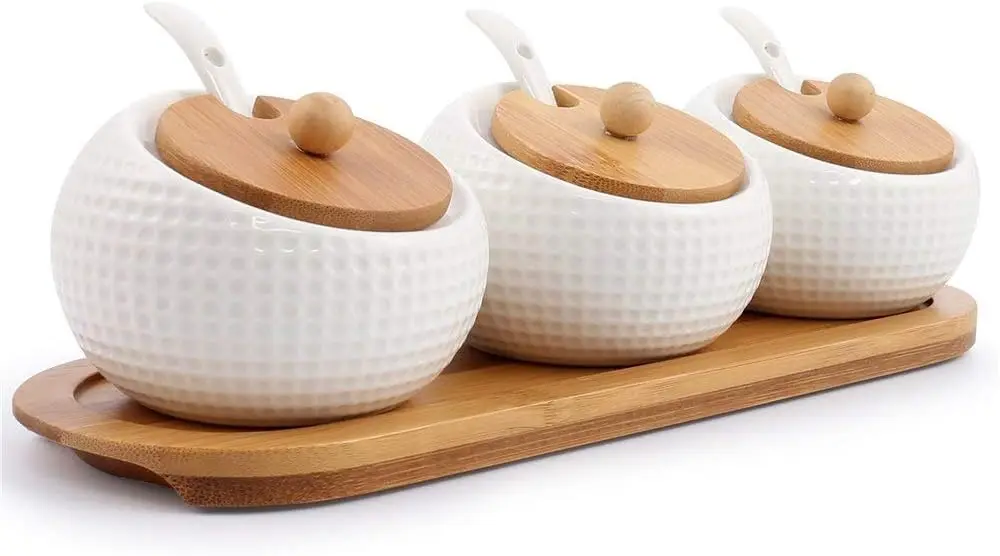 Ceramic Spice Jar with Lid - Bamboo lid holder, ceramic spoon, wooden tray, best for home, kitchen use