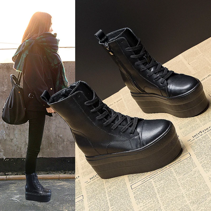 Fujin Genuine Leather 10cm Hidden Heel Boots Shoes Zipper Winter Boots Ankle Warm Booties Super Thick Sole Platform Wedge