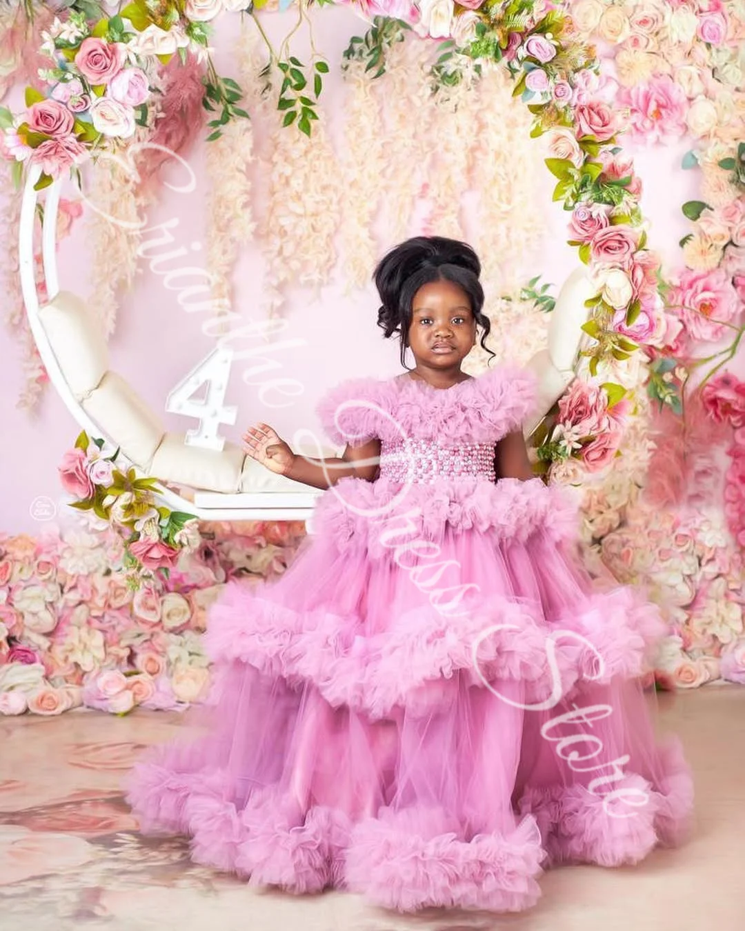 

Pink Flower Girl Dress For Wedding Tulle Puffy Pearls Beading Ruffles Kids Birthday Party First Communion Ball Gowns Customized