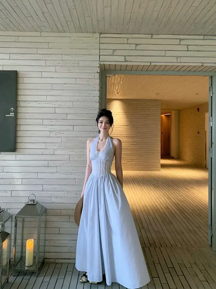 Robe longue à col licou pour femmes, robe moulante découpée en dentelle, robe d'été rayée coupe cintrée, robe de soirée dos nu sexy Y2K, E