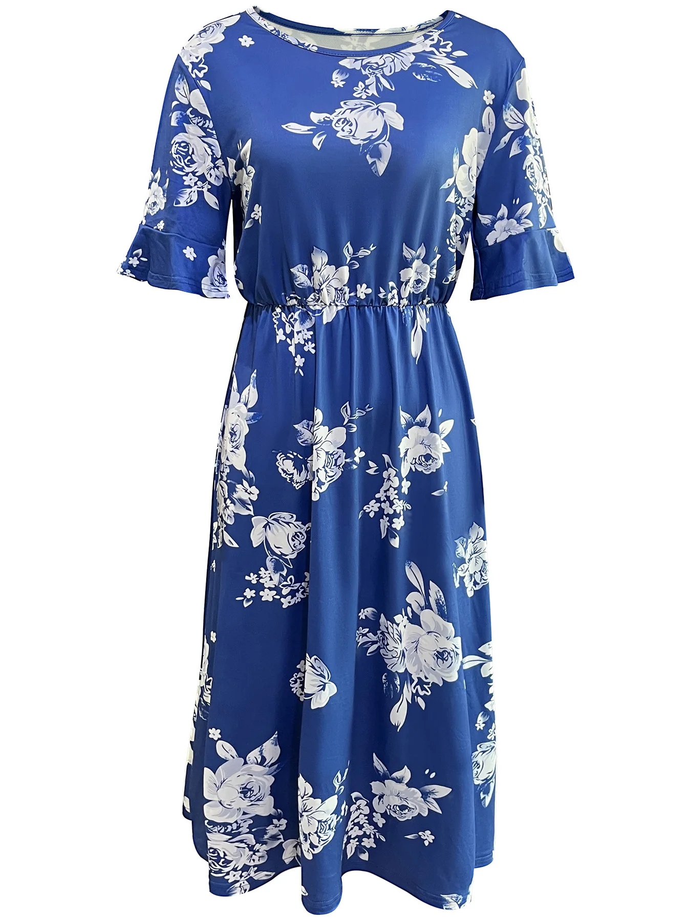Damen-Midikleid mit blauem Blumendruck, lässig, kurzärmelig, Rundhalsausschnitt, elastische Taille, A-Linien-Kleid, Frühling und Sommer – Detail 3