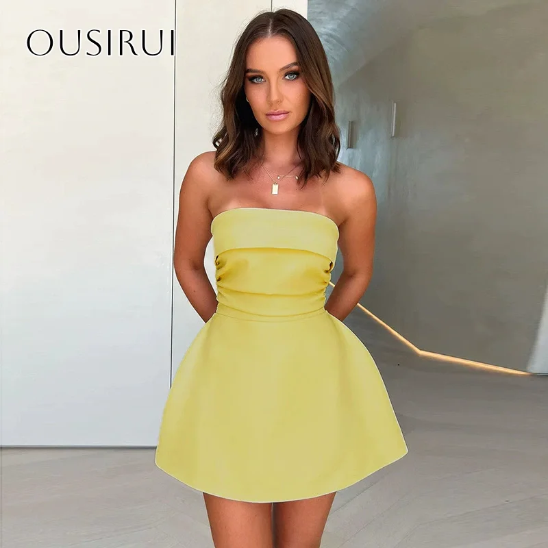 

Satin Strapless Short Cocktail Dresses Sleeveless Sash Zipper A Line Party Wear Customized Pleated vestidos de gala