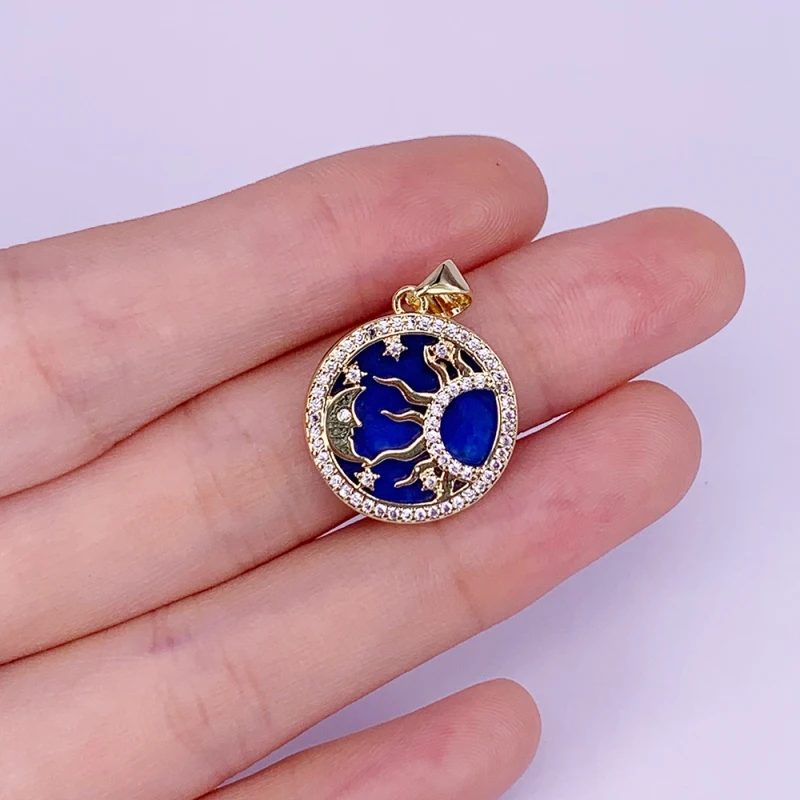Round Necklace Pendant Lapis Lazuli Compass Star Of David Moon Zircon Copper Gold Plated Charms Jewelry Accessories