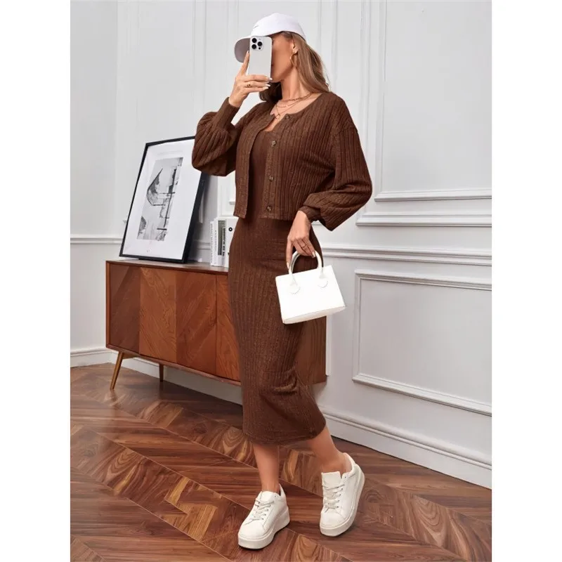 فستان بحمالات نحيف عصري لعام 2025 + سترة مكونة من قطعتين للنساء للخريف غير رسمية بلون سادة على شكل الورك فستان منزلي للنساء #4