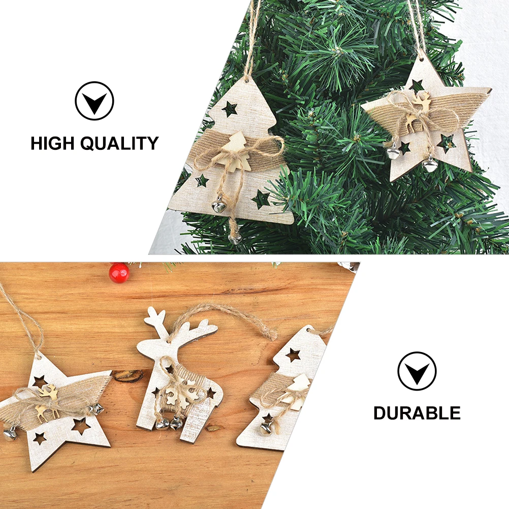 

5 Pcs Wooden Christmas Tree Pendant Xmas Trees Hanging Ornament Pentagram Small Ornaments Decor Hemp Rope Child Elk