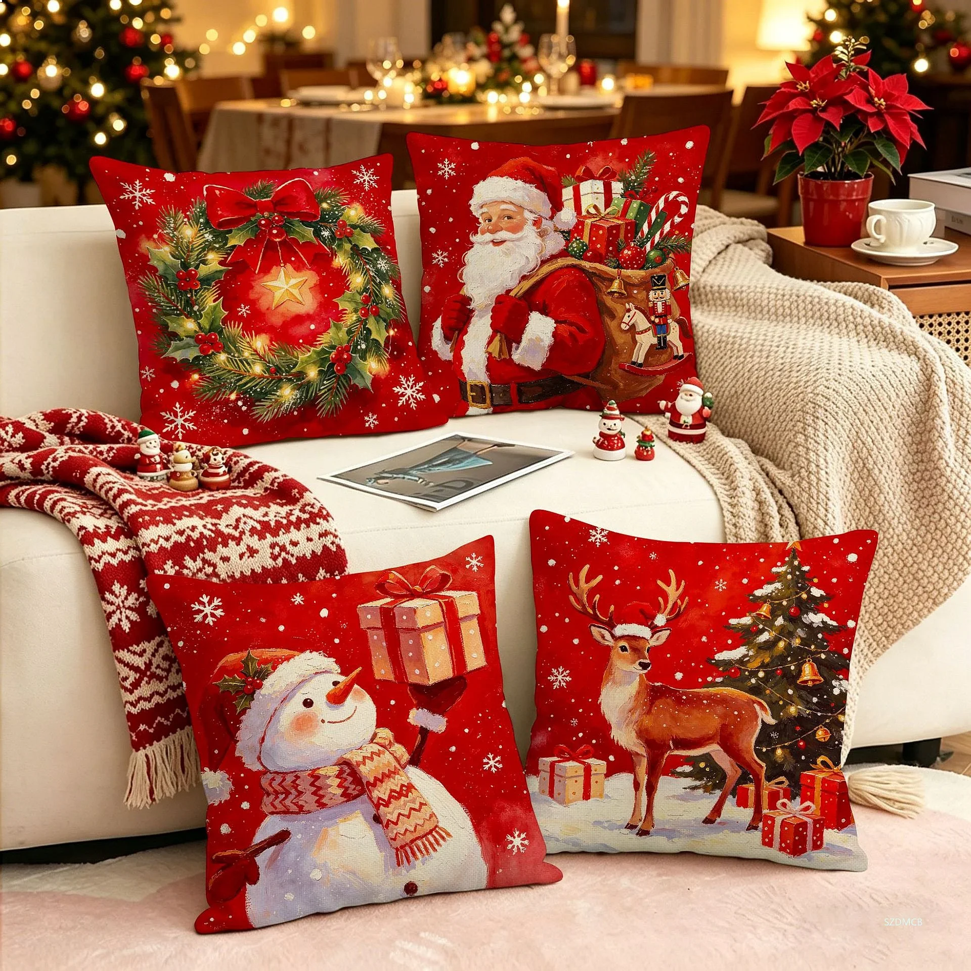 2026 Weihnachtskissenbezug Grau Rot Cartoon Weihnachtsmann Schneemann Elch Sofakissenbezug Heim Bett Auto Deko Frohe Weihnachten 45cm X 45cm – Detail 1