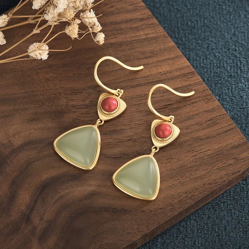 Elegant Vintage Drop Earrings for Women Gold Color Dangle Earrings Triangle Imitation Jade Earings Female Fashion Jewelry