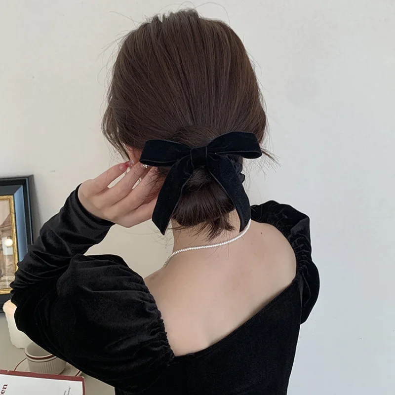 Black Velvet Bow Scrunchies Headdress Vintage Fashion Korean Sweet Girls Hair Rope Ponytail Autumn Winter Hair Accessories