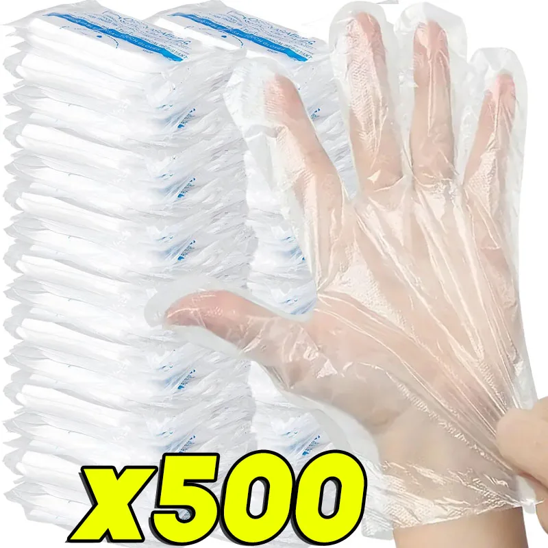 100/500pcs Disposable Gloves Food Grade Plastic Transparent Gloves for Restaurant Fried Chicken Pizza Gloves Kitchen Tableware