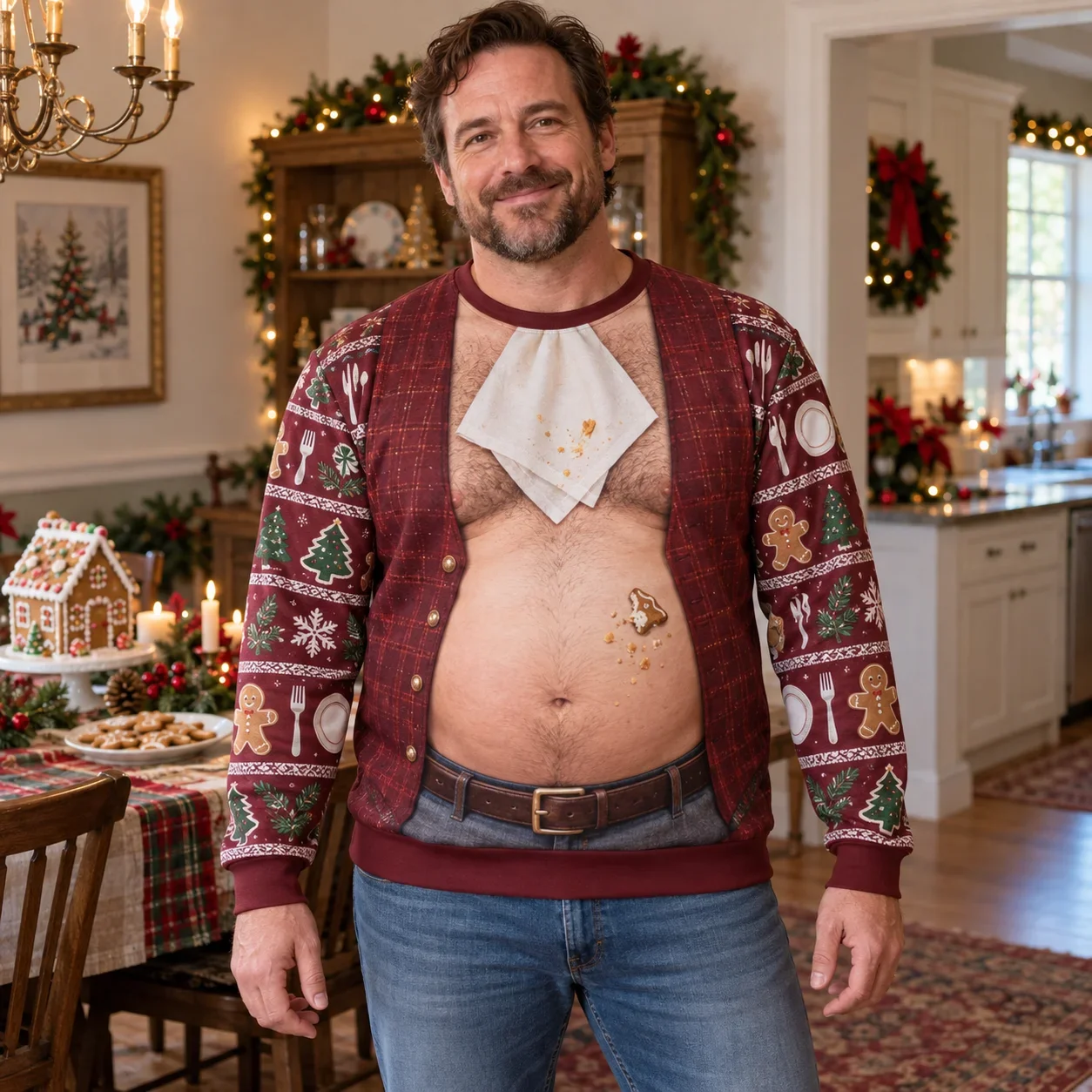 2026 Christmas Dinner Belly Ugly Christmas Sweater Men 3D Print Polyester Crewneck Sweatshirt Funny Holiday Party Pullover tops