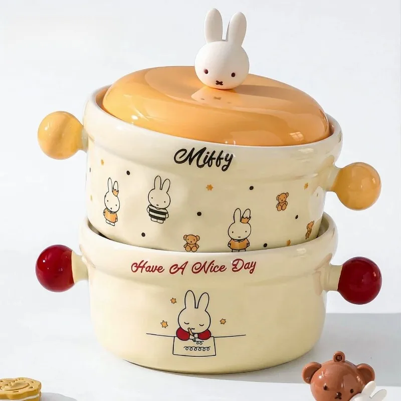 Cartoon Kawaii Instant Noodle Bowl Both Ears with Lid Household Use Tableware Ceramic Material Safety Souvenirs Good Looks Miffy