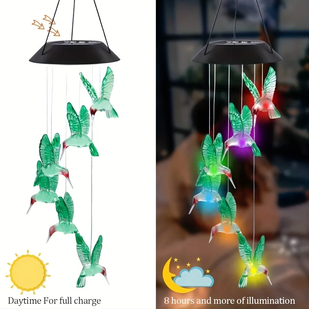 1PC Solar-Powered Hummingbird Wind Chimes - Color-Changing LED Light - Outdoor Garden Decor