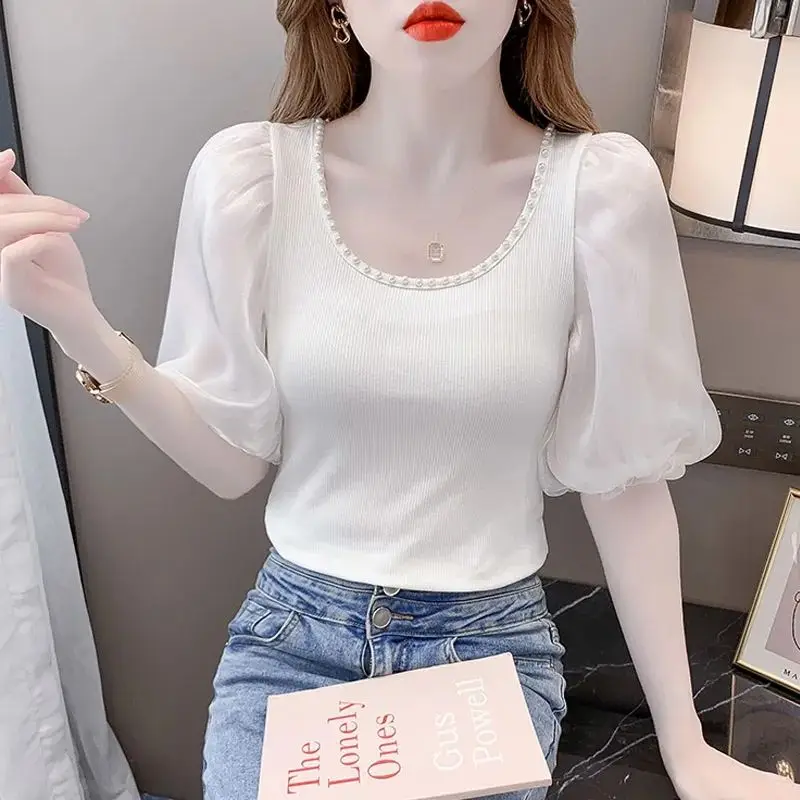 Sweet Puff Sleeve Blouse Stylish Beading U-Neck Women's Clothing All-match Solid Color Patchwork Slim Summer Short Sleeve Shirt