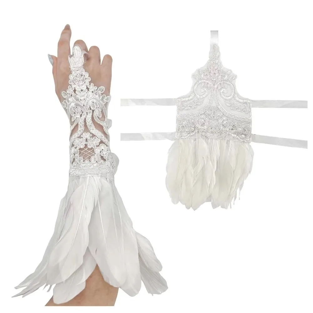 Witch Halloween Feather Gloves Embroidery Fingerless Halloween Feather Cuffs Gothic Halloween Halloween Wristband Party Supplies