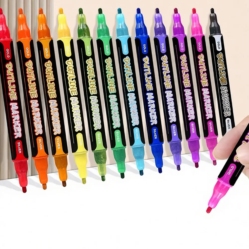Creative Double Line Outline Highlighter Pens Shimmer Metallic Ink Markers For Journaling Card Decoration DIY Craft