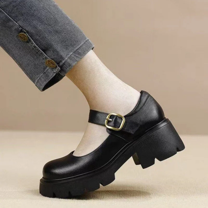 

2025 Faux Leather New Low-Cut One-Word Pumps Thick-Soled Mary Platform Comfortable Soft Bottom round Head Women's Shoes