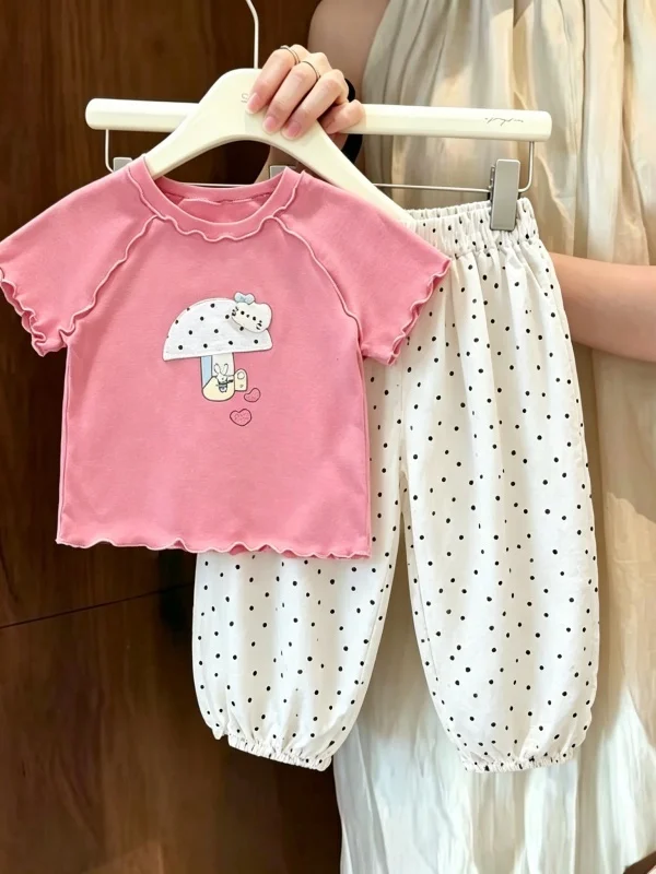 

Summer Fashionable Polka Dot Short Sleeve Girls Set round Neck Two Pieces Outfit Little Mushroom Design Children's Clothing