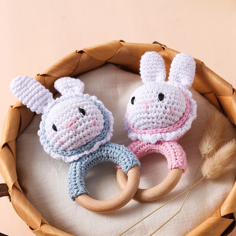 

1PC Crochet Animal Bunny Rattle Toy Soother Bracelet Wooden Teether Ring Baby Product Mobile Pram Crib Wooden Toys Newborn Gifts