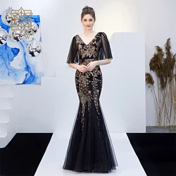 Black Mesh & Gold Floral Sequined V Neck Mermaid Dress Luxury Formal Evening Party Long Dress Batwing Sleeve Sexy Nightclub Wear