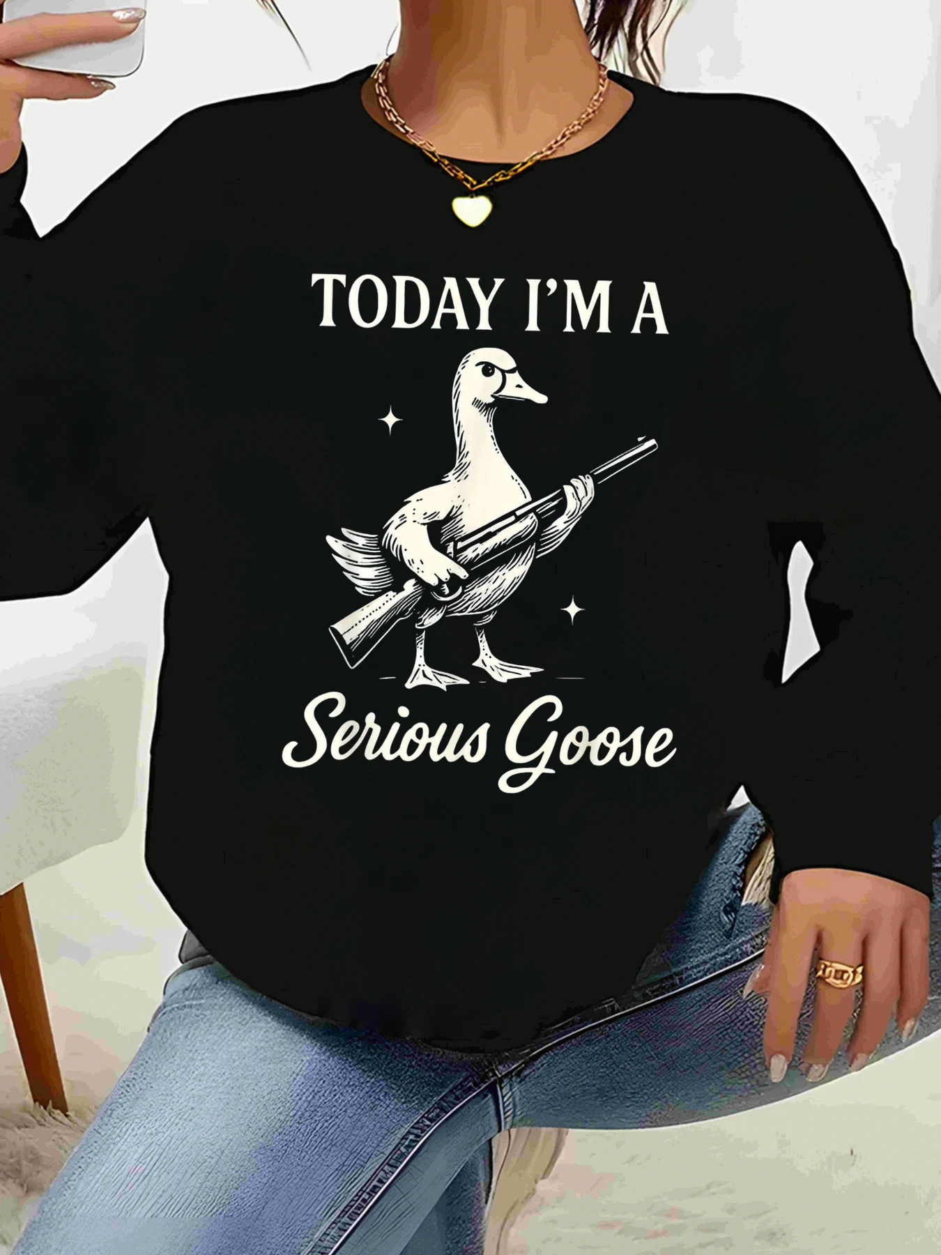 

Duck Holding Gun Today I'M a Serious Goose Print Long Sleeve Sweater Halloween Casual Wear Women