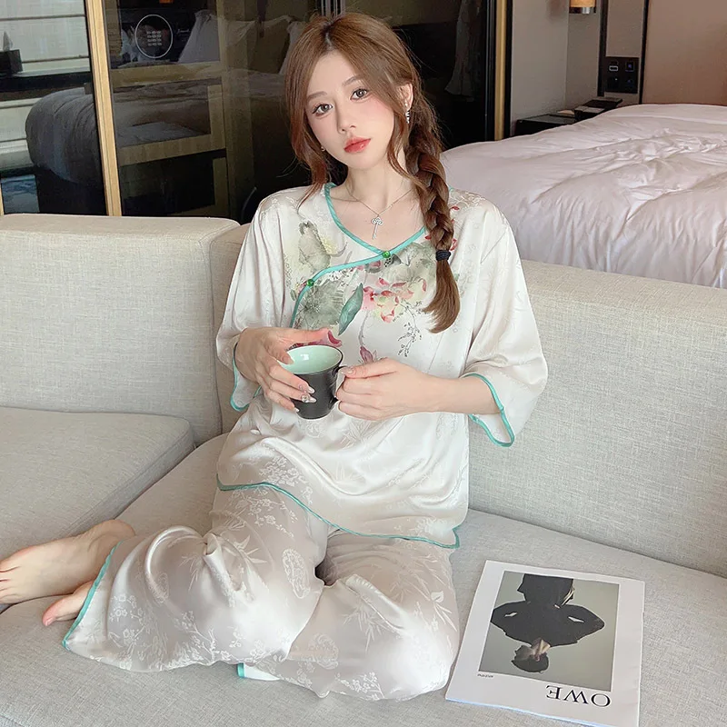 Pajamas Women's Spring and Summer Ice Silk Mid Sleeved Long Pants Two-piece Set Chinese Style Retro Home Clothes