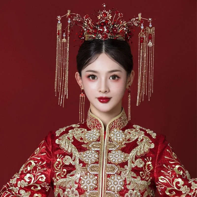 Chinese Style Wedding Phoenix Crown Women Luxury Bride Hair Headpiece Vintage Chinese Wedding Brides Red Crown Bridal Headpiece