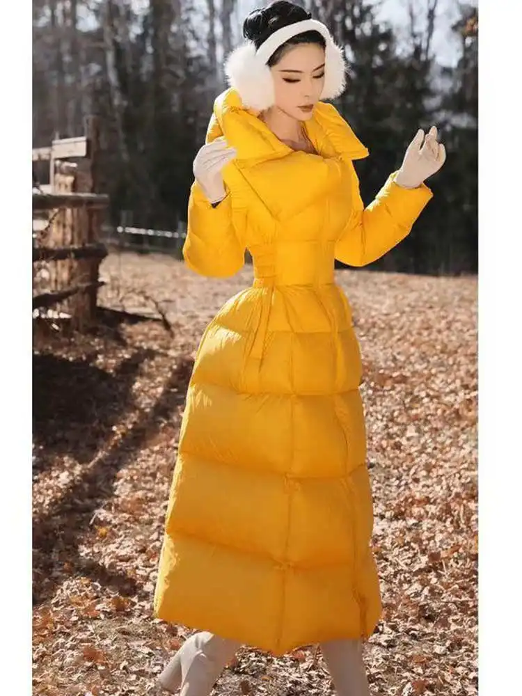 

Yellow Fleeing Princess Style Long Duck down Jacket Women's Coat Petal Collar Slim Fit High Waist Winter Outerwear