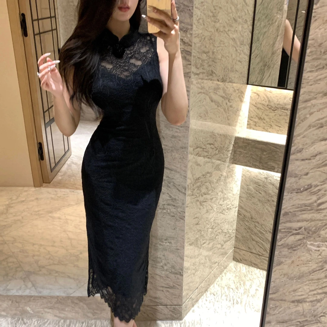 

French Elegant Vintage Office Lace Dress Women Summer Sleeveless Black Bodycon Dress Evening Club Party Birthday Dresses