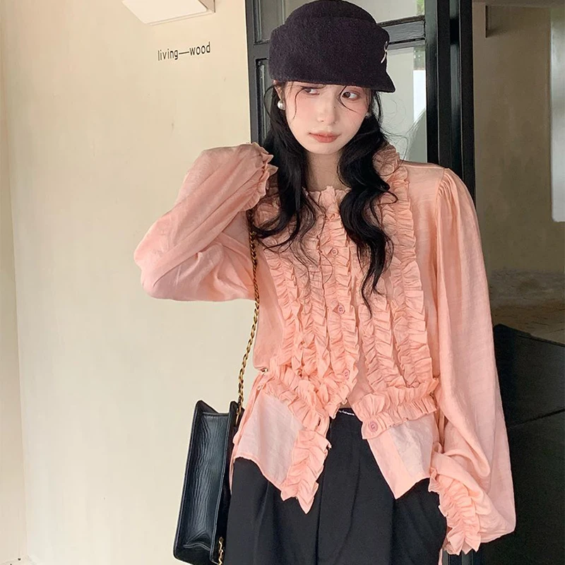 

Sweet Ruffles Shirt Women Korean Fashion Ruffles Chiffon Tops Y2K Spring New Pink Long Sleeve Blouses Elegant Chic Patchwork Top