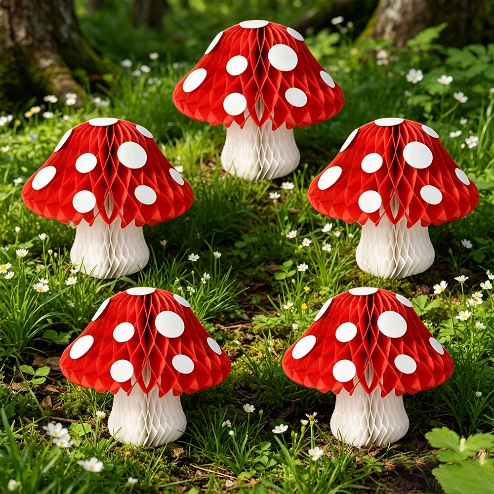 Pilz-Waben-Partydekoration 3D Pilz-Hängedekoration Niedliche Pilze für Feenwald-Gartenparty, Geburtstagsdekoration – Detail 9