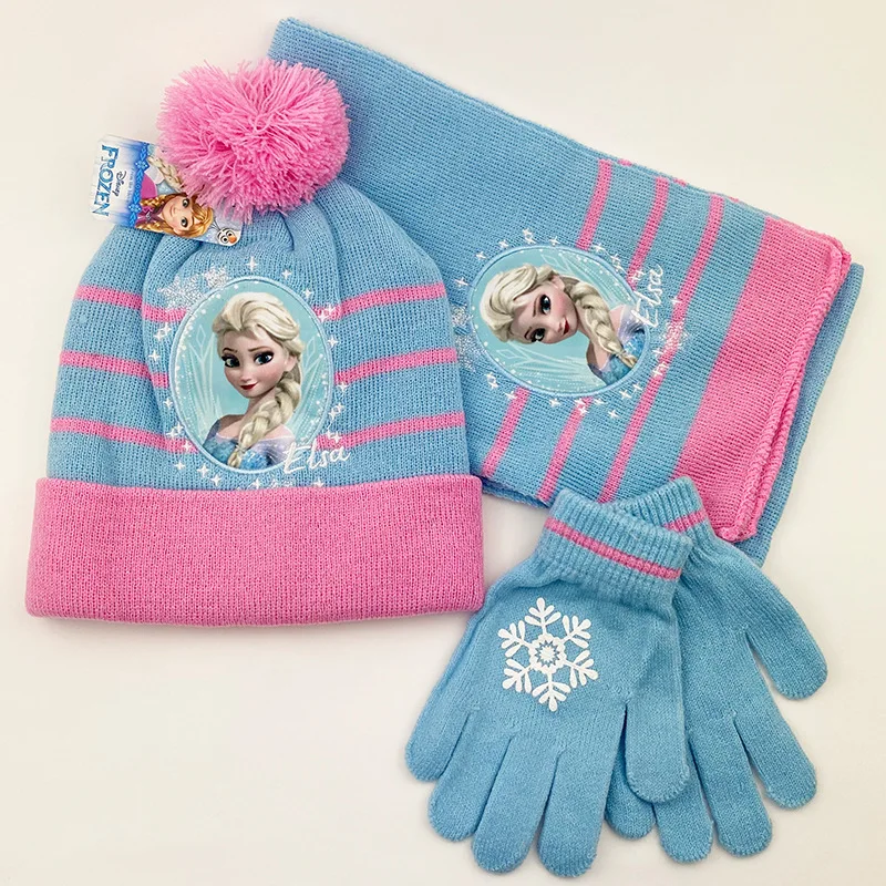 Disney Elsa and Anna Scarf Hat and Glove 3Sets Mickey Accessories Winter Keep Warm Knitting Woolen Yarn Frozen Head Cap for Kids