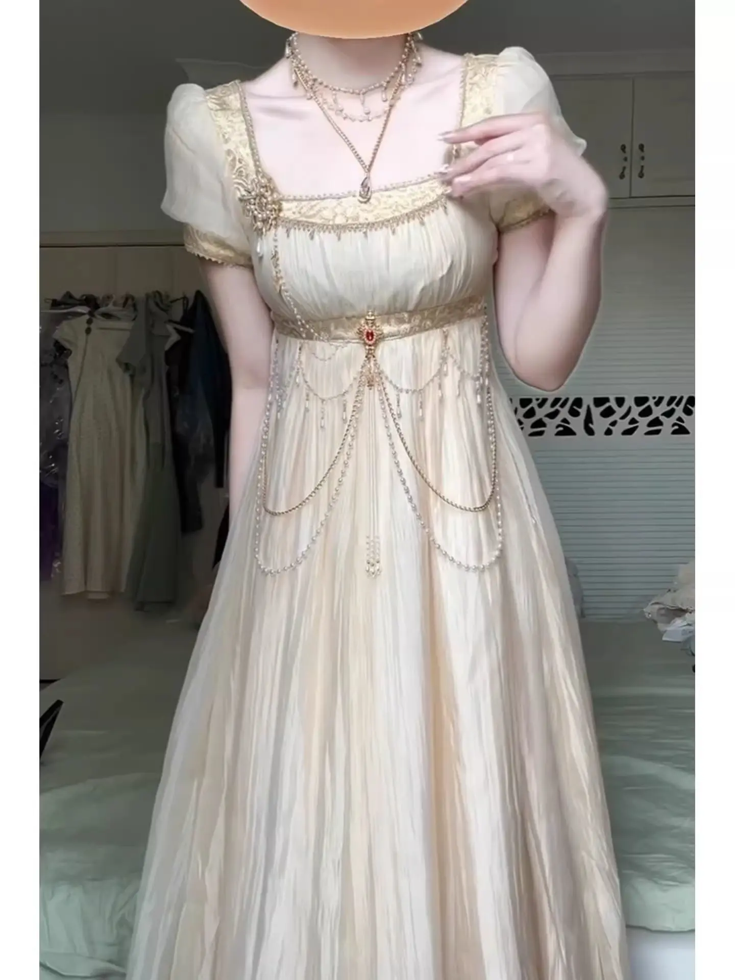 Elegante Abito Formale Stile Harajuku con Vita Impero, Vestito Lolita Vintage Verde con Pizzo e Perline