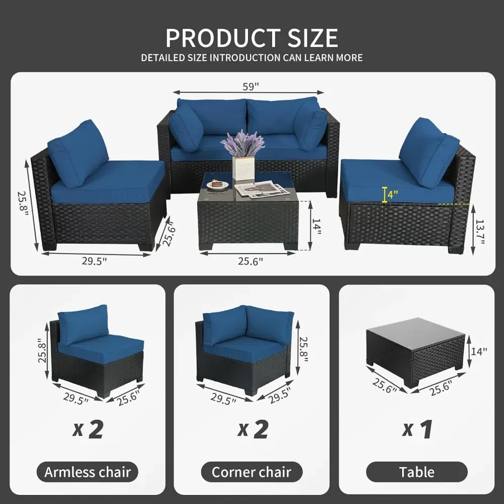 Garden Sofas 5 Piece Furniture Set, Black Rattan Sectional Conversation Sofa Chair with Square Propane , Garden Sofas