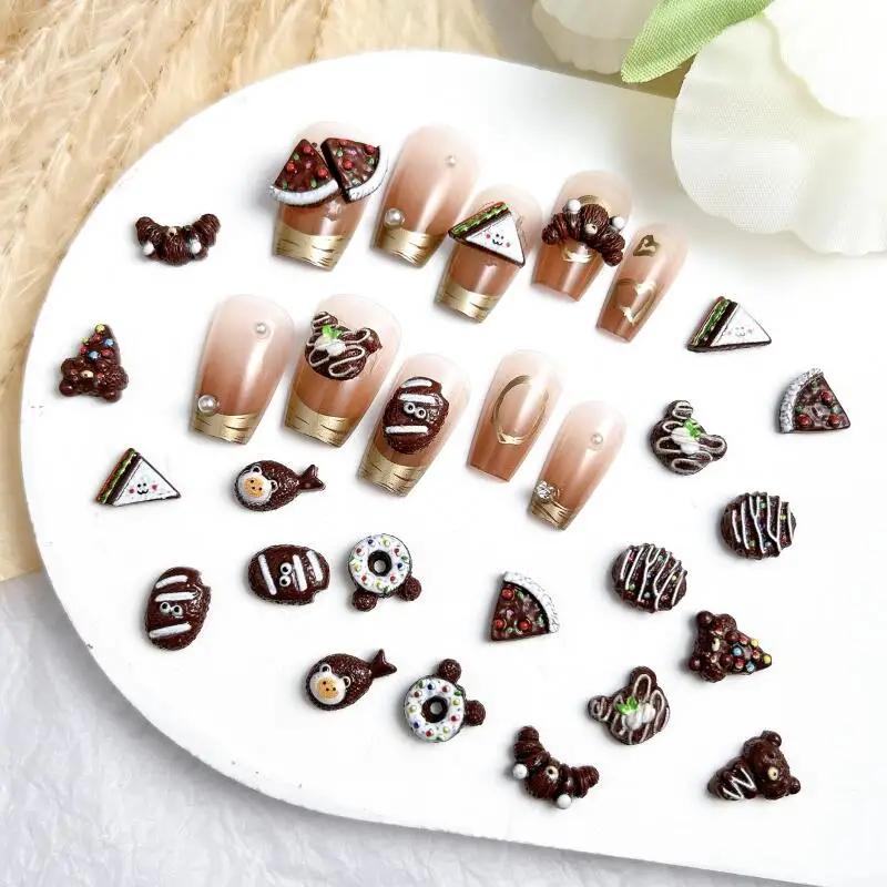 30PCS Cute Bear Donut Ice-cream Nail Charms Simulated Chocolate Sandwich Croissant Resin Nail Art Decorations DIY Nails Parts