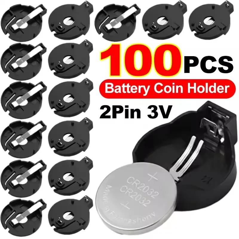 10-100PCS CR2032 Button Battery Holder 2 Pin DIP Coin Cell Battery Socket Coin Button Battery Holder Black Container Case